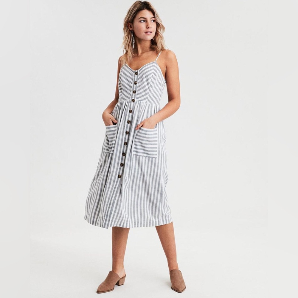 American Eagle Striped Button Down Sheath Dress Coastal Cottagecore